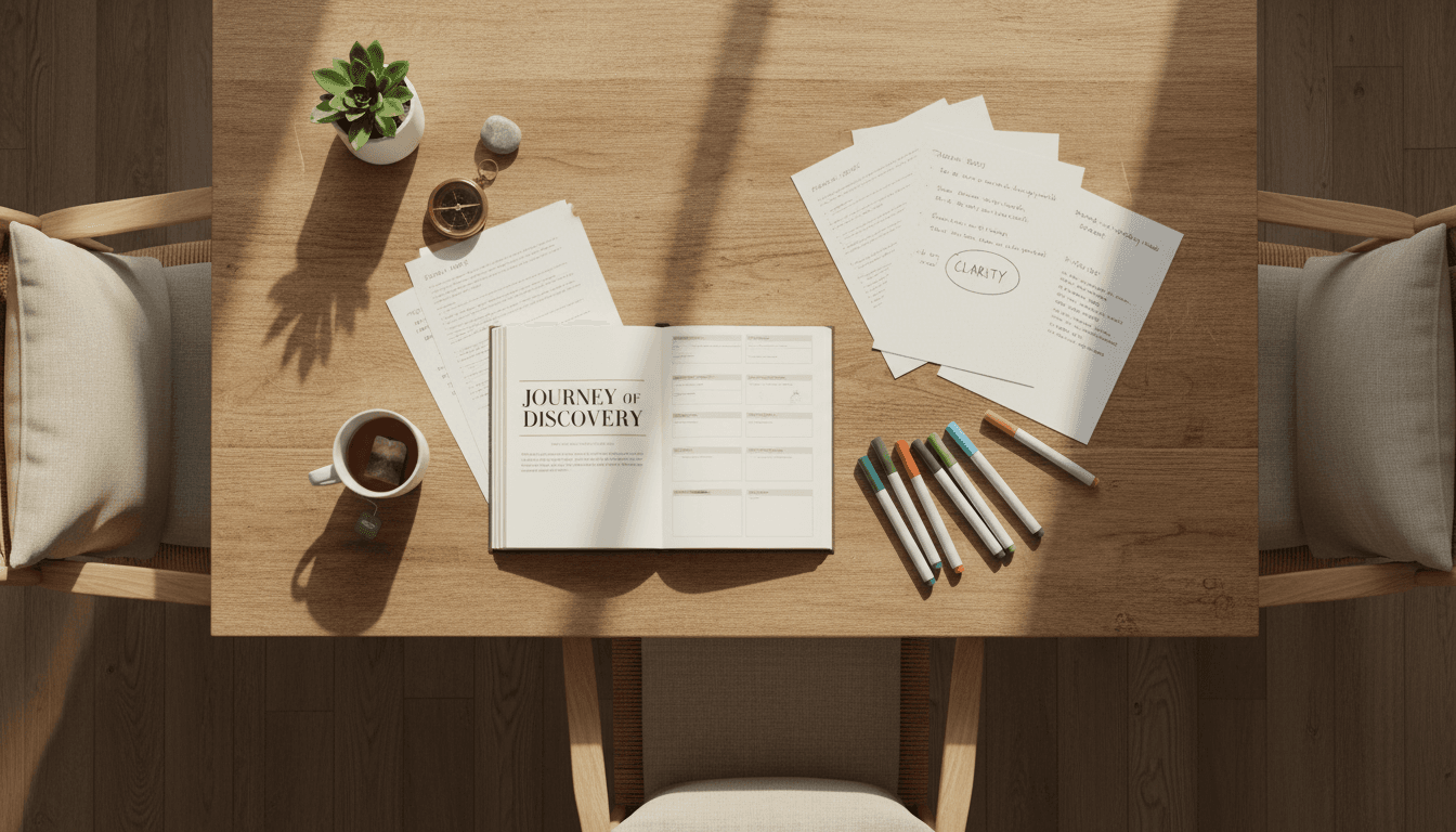 Overhead view of coaching workspace with open workbook, notes, markers, and tea cup arranged on wooden table