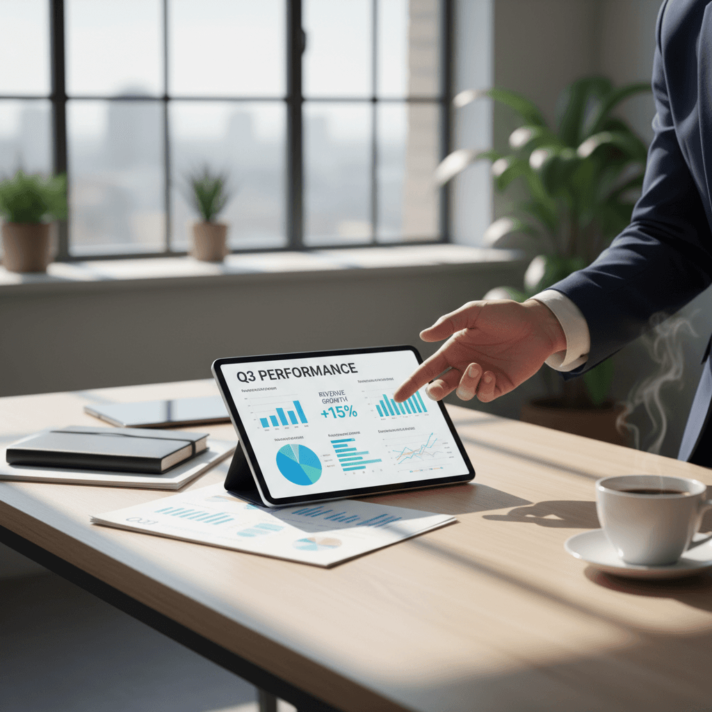Business consultant reviewing financial analytics on tablet at modern office desk with natural window lighting.