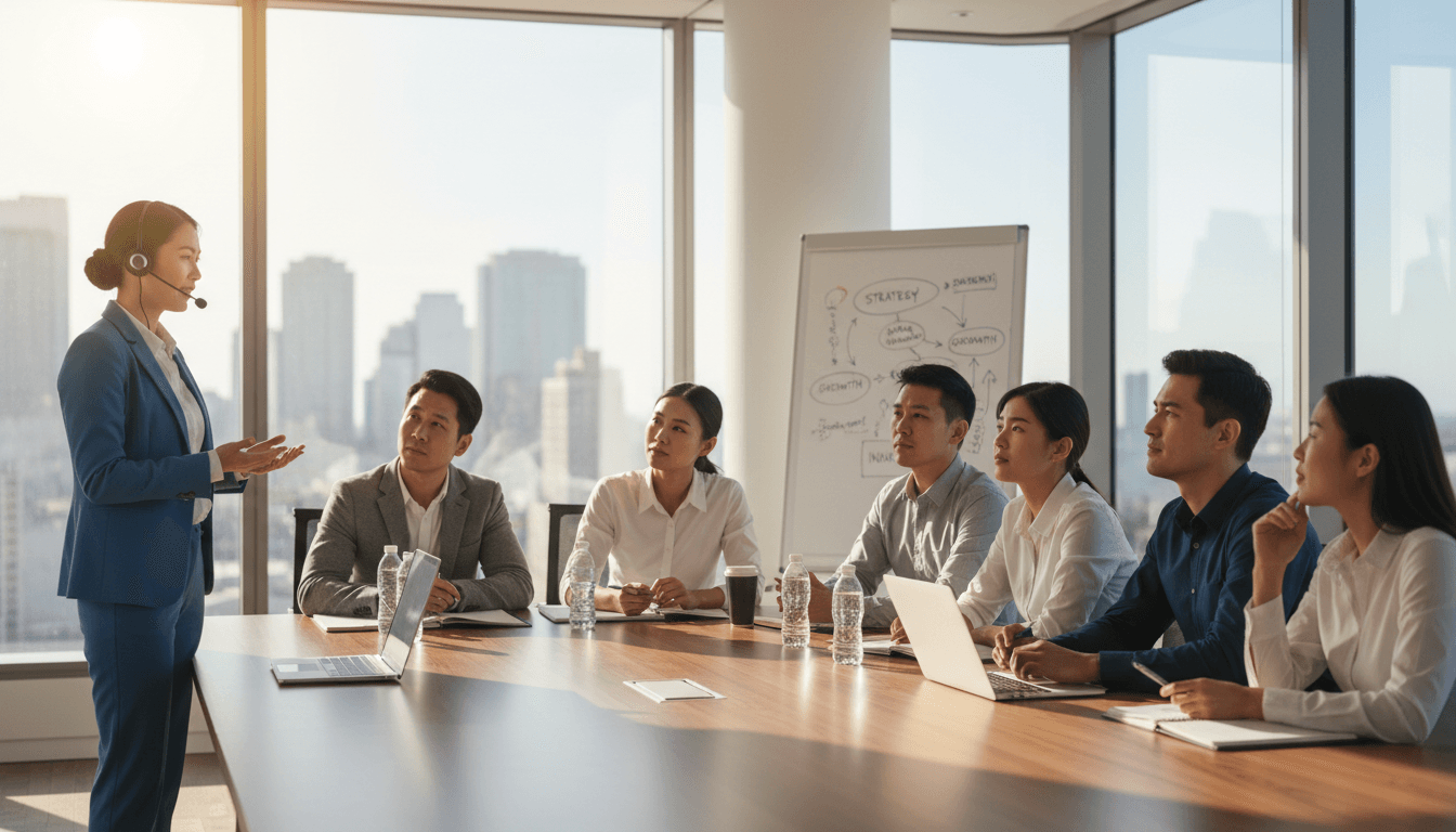 Leadership training program with participants learning coaching frameworks